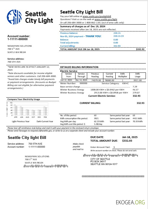 États Unis Washington Seattle City Light modèle de facture de services publics aux formats Word et PDF
